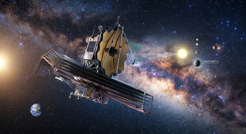 Rappresentazione artistica di un telescopio spaziale tra pianeti e stelle.