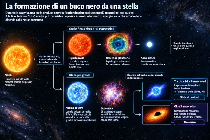 Infografica che mostra la formazione di un buco nero da una stella.